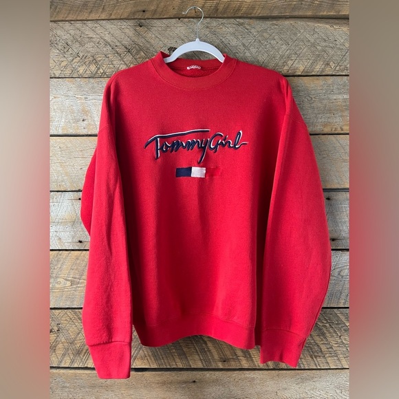 Vintage 90s Tommy Girl Embroidered Logo Sweatshirt Red Sz M/L Hilfiger - Picture 1 of 10